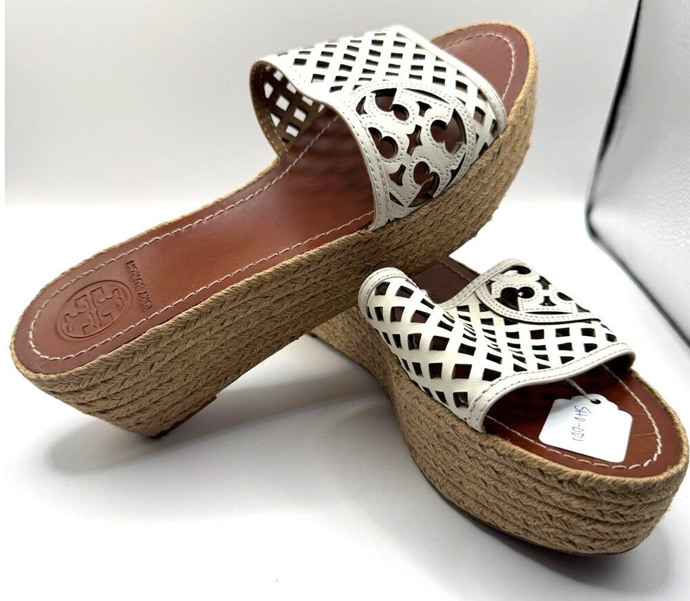 Tory Burch Espadrille Wedge Sandals White Leather Cutout Logo Slides Size 10